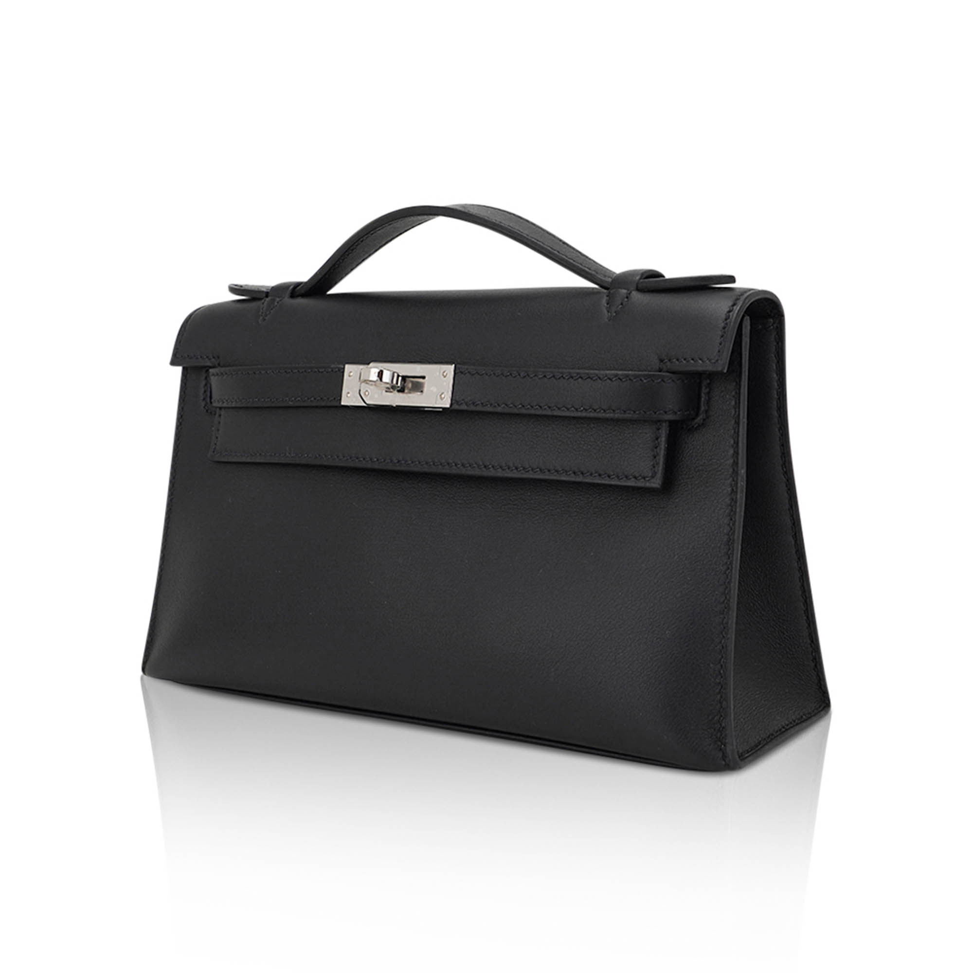 Kelly Pochette Clutch Bag Black Swift Leather with Palladium Hardware