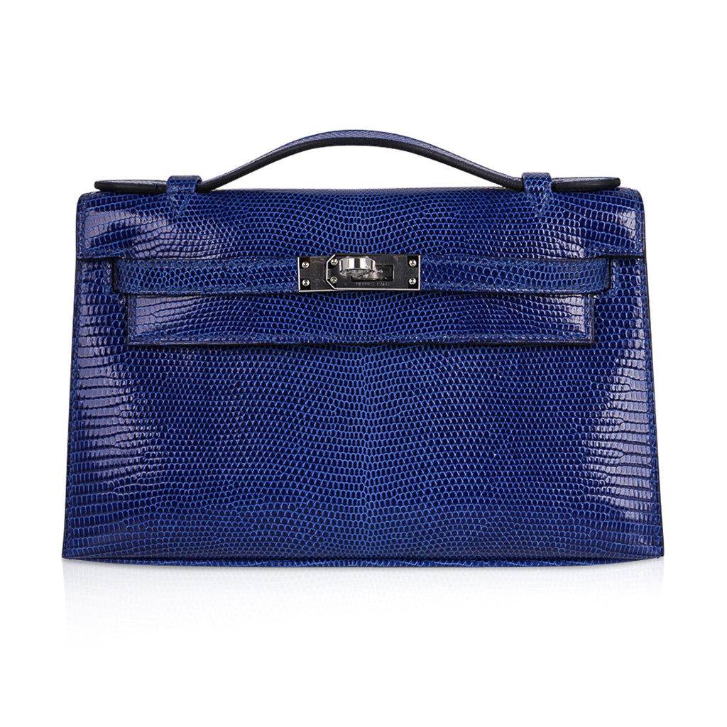 Kelly Pochette Bag Blue Sapphire Lizard Clutch Palladium Hardware