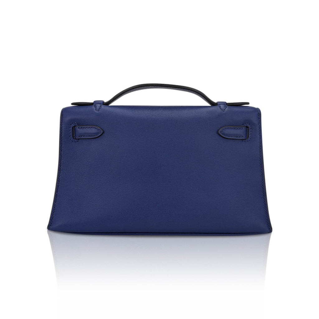 Kelly Pochette Clutch Bag Blue Sapphire Swift Leather with Palladium Hardware