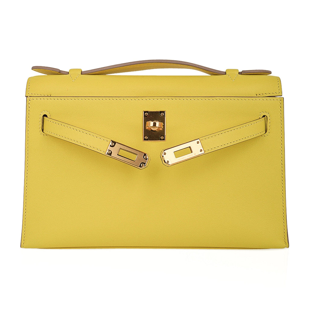 Kelly Pochette Bag Lime Clutch Gold Hardware Swift Leather