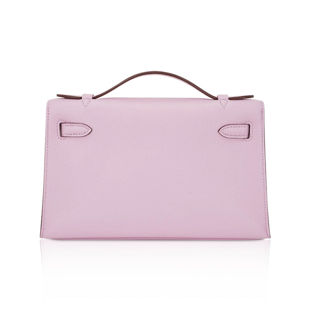 Kelly Pochette Clutch Bag Mauve Sylvestre Swift Leather with Rose Gold Hardware