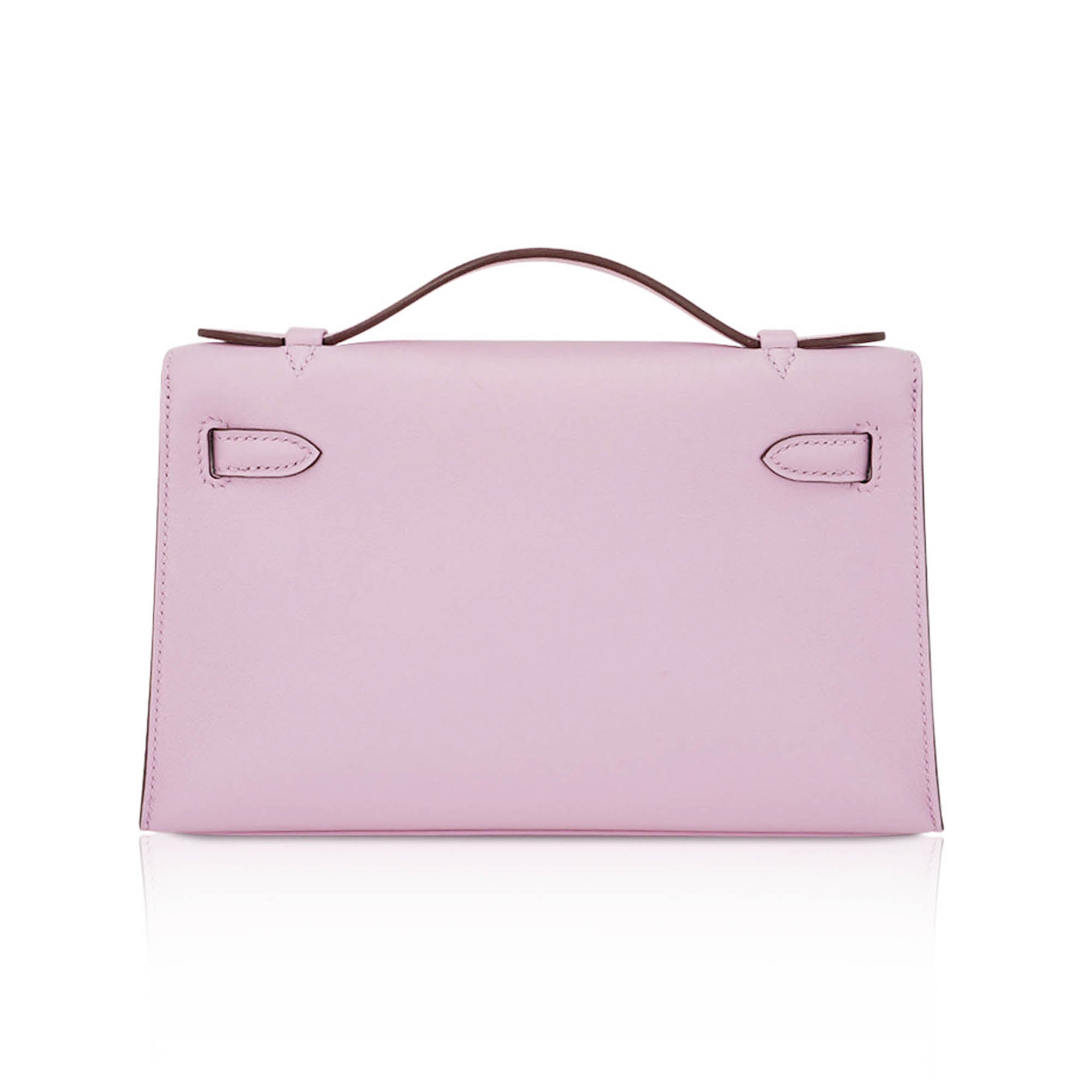 Kelly Pochette Clutch Bag Mauve Sylvestre Swift Leather with Rose Gold Hardware