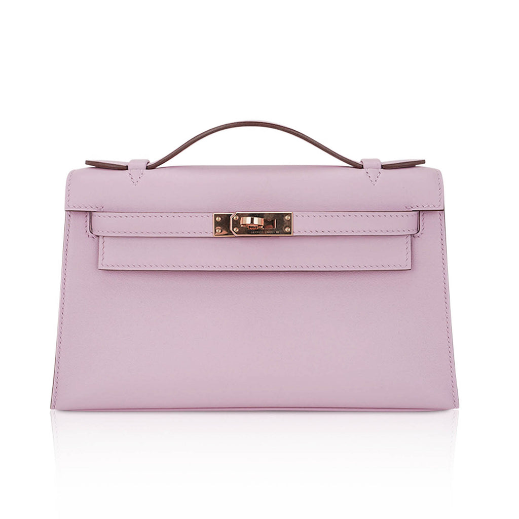 Kelly Pochette Clutch Bag Mauve Sylvestre Swift Leather with Rose Gold Hardware