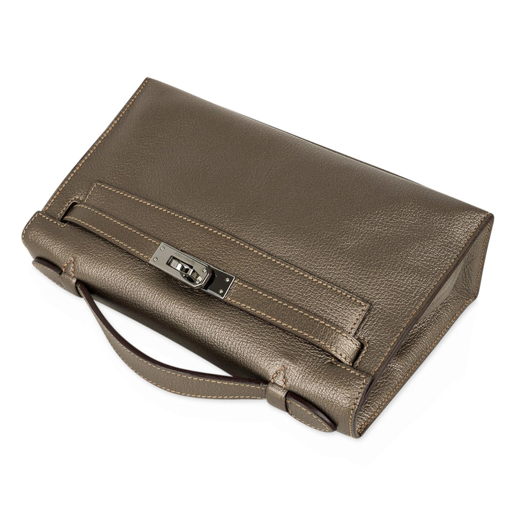 Kelly Pochette Metallic Bronze Clutch Bag Chevre Palladium