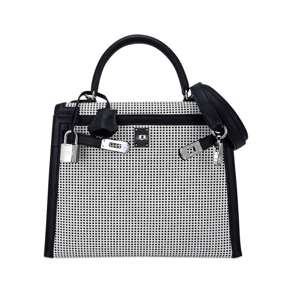 Kelly 25 Sellier Bag Quadrille Black & White Viking Toile Swift Leather with Palladium Hardware