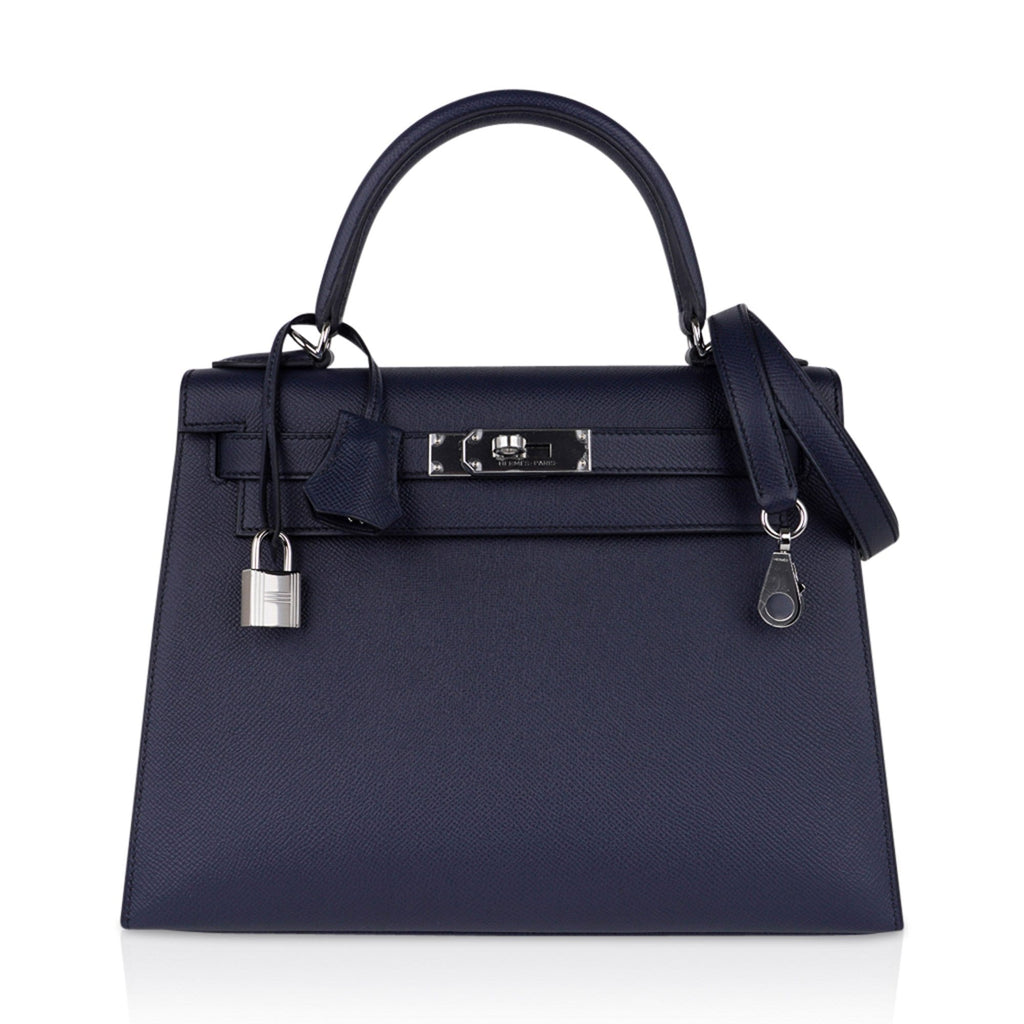 Kelly 28 Bag Blue Indigo Sellier Epsom Palladium Hardware New/Box