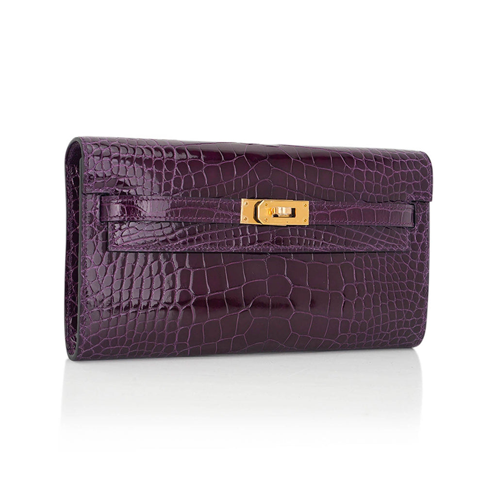 Kelly Classique To Go Wallet Cassis Alligator with Gold Hardware