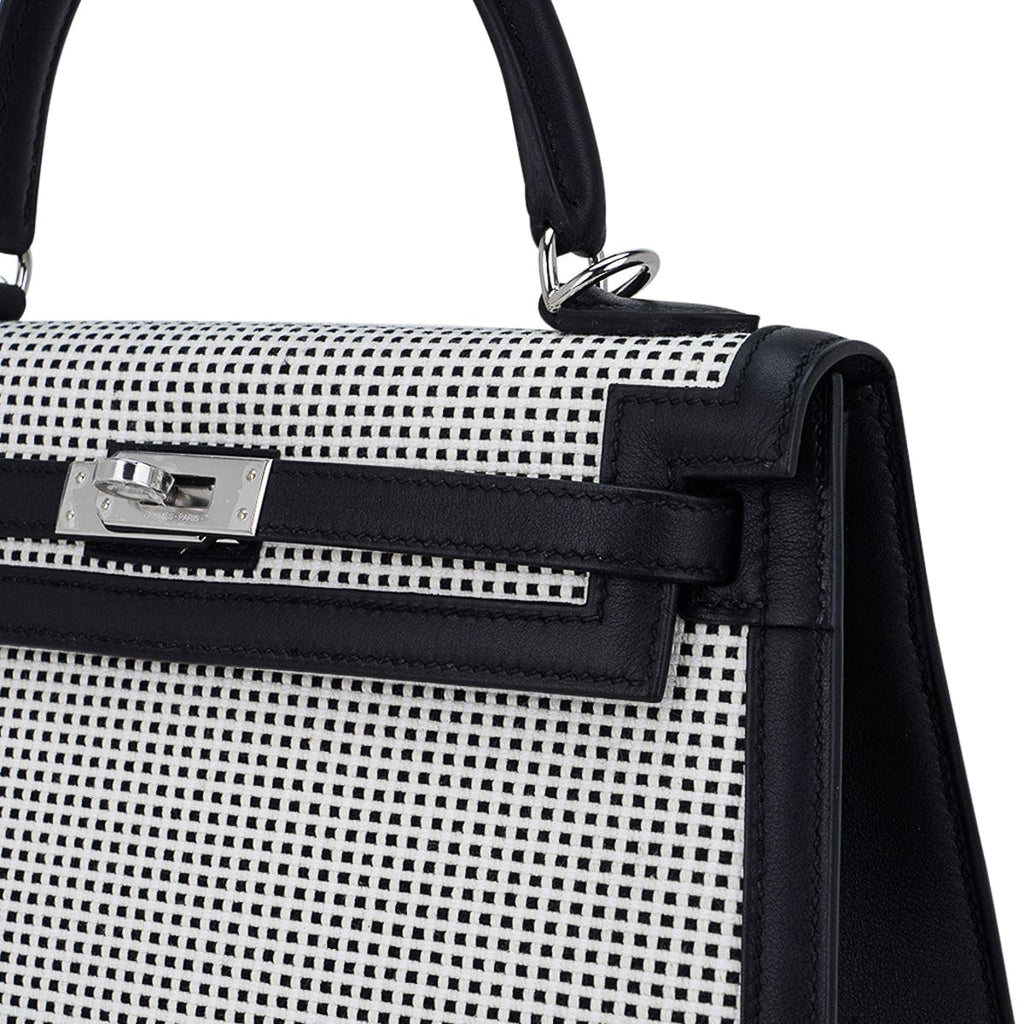 Kelly 25 Sellier Bag Quadrille Black & White Viking Toile Swift Leather with Palladium Hardware