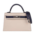 Special Order HSS Mini Kelly 20 Bag Sellier Craie & Blue Indigo Epsom Leather with Palladium Hardware