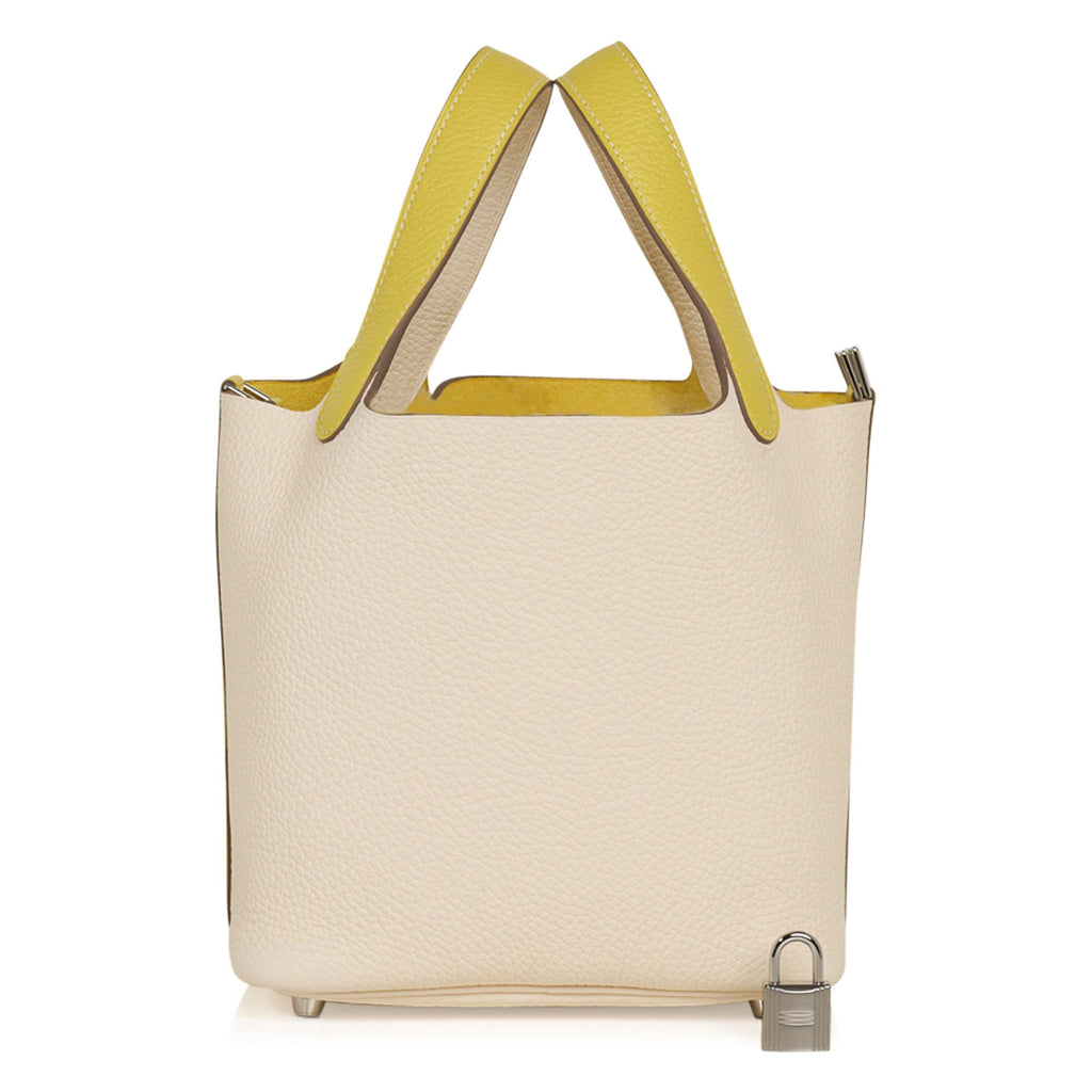 Picotin Lock 18 Casaque Bag Lime / Nata Bi-Color Tote Clemence Palladium