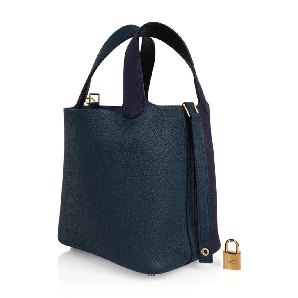 Picotin Lock 18 Bag Vert Cypress / Blue Nuit / Black Tote Clemence Gold