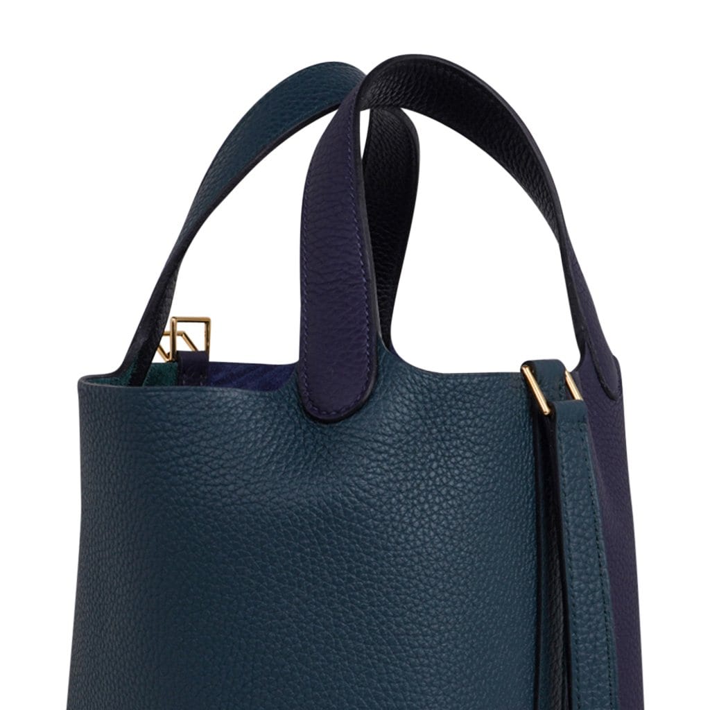 Picotin Lock 18 Bag Vert Cypress / Blue Nuit / Black Tote Clemence Gold
