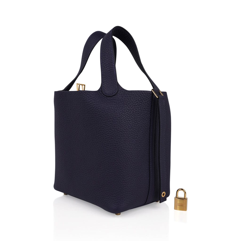 Picotin Lock 18 Blue Nuit Tote Bag Gold Hardware Clemence Leather