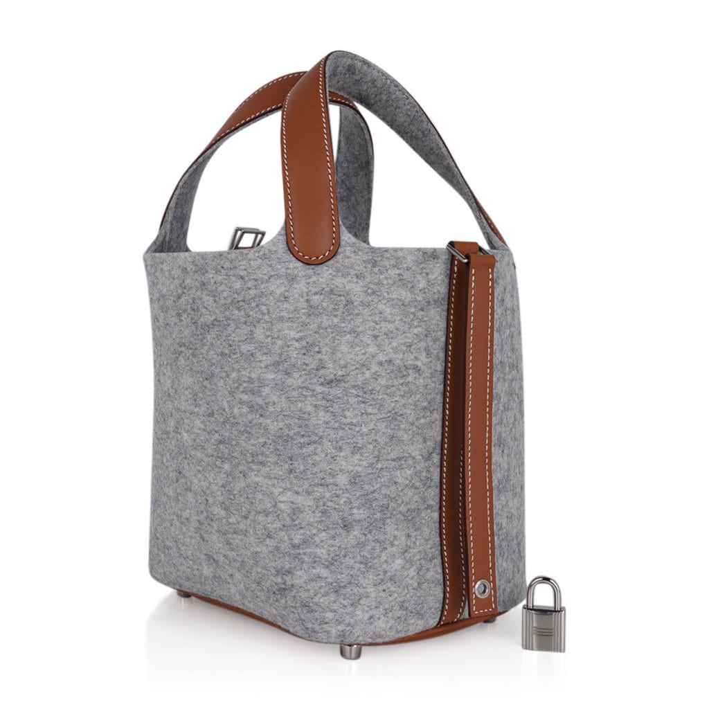Picotin Lock Touch 18 Gray Feutre / Barenia Leather Tote Bag New w/Box