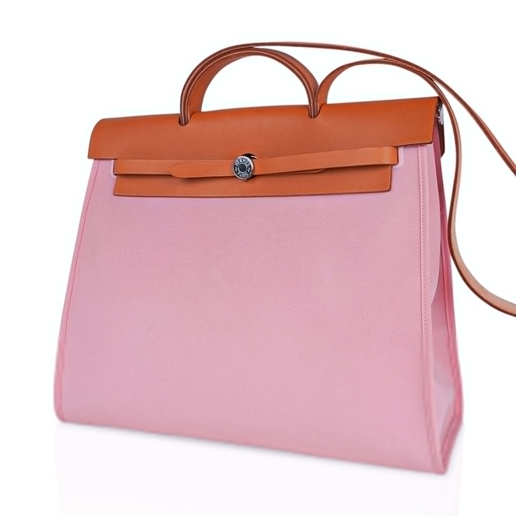 Herbag Zip 39 GM Bag Rose Sakura Canvas Vache Hunter Leather with Palladium Hardware