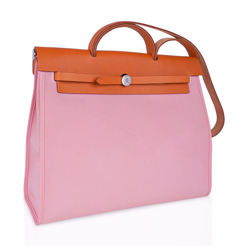 Herbag Zip 39 GM Bag Rose Sakura Canvas Vache Hunter Leather with Palladium Hardware