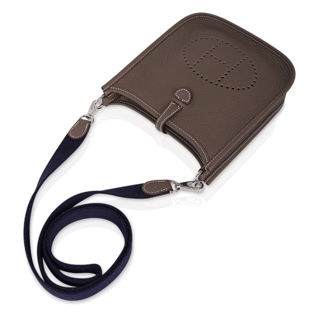 Mini Evelyne TPM Bag Etoupe Navy Strap Clemence Leather with Palladium Hardware