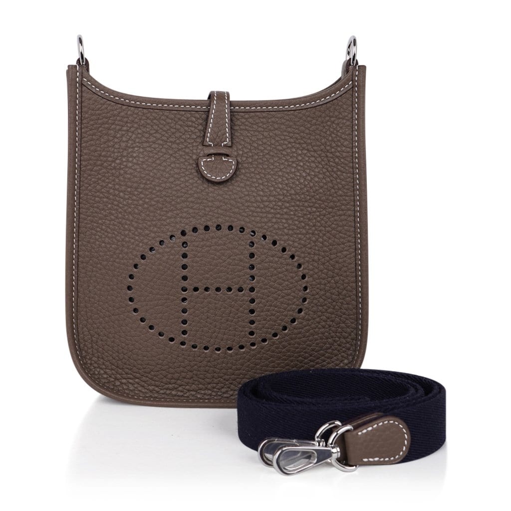 Mini Evelyne TPM Bag Etoupe Navy Strap Clemence Leather with Palladium Hardware