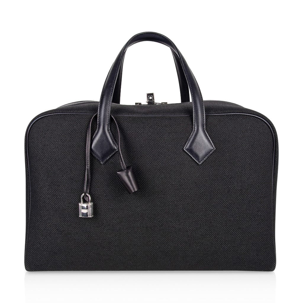 Hermes Victoria ll Fourre-Tout 43 Travel Bag Black Toile Palladium Hardware New