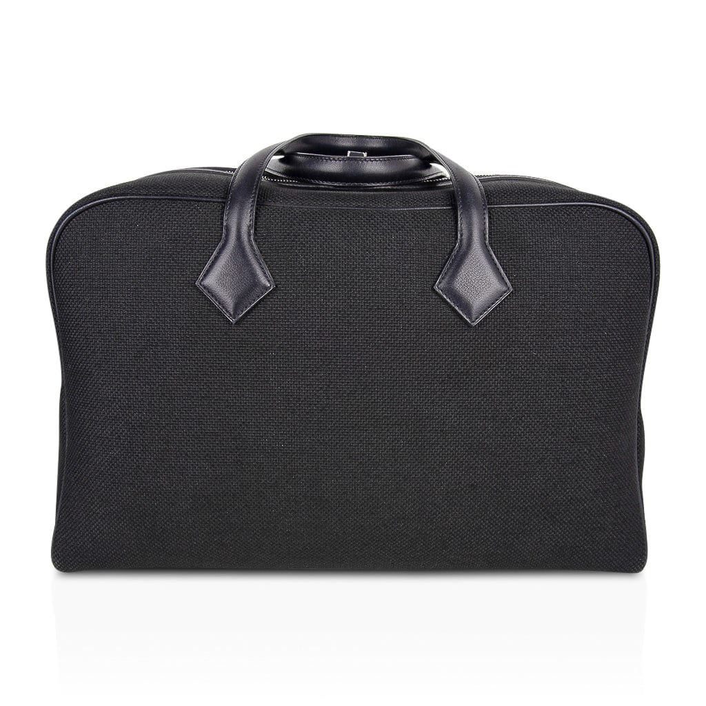 Hermes Victoria ll Fourre-Tout 43 Travel Bag Black Toile Palladium Hardware New