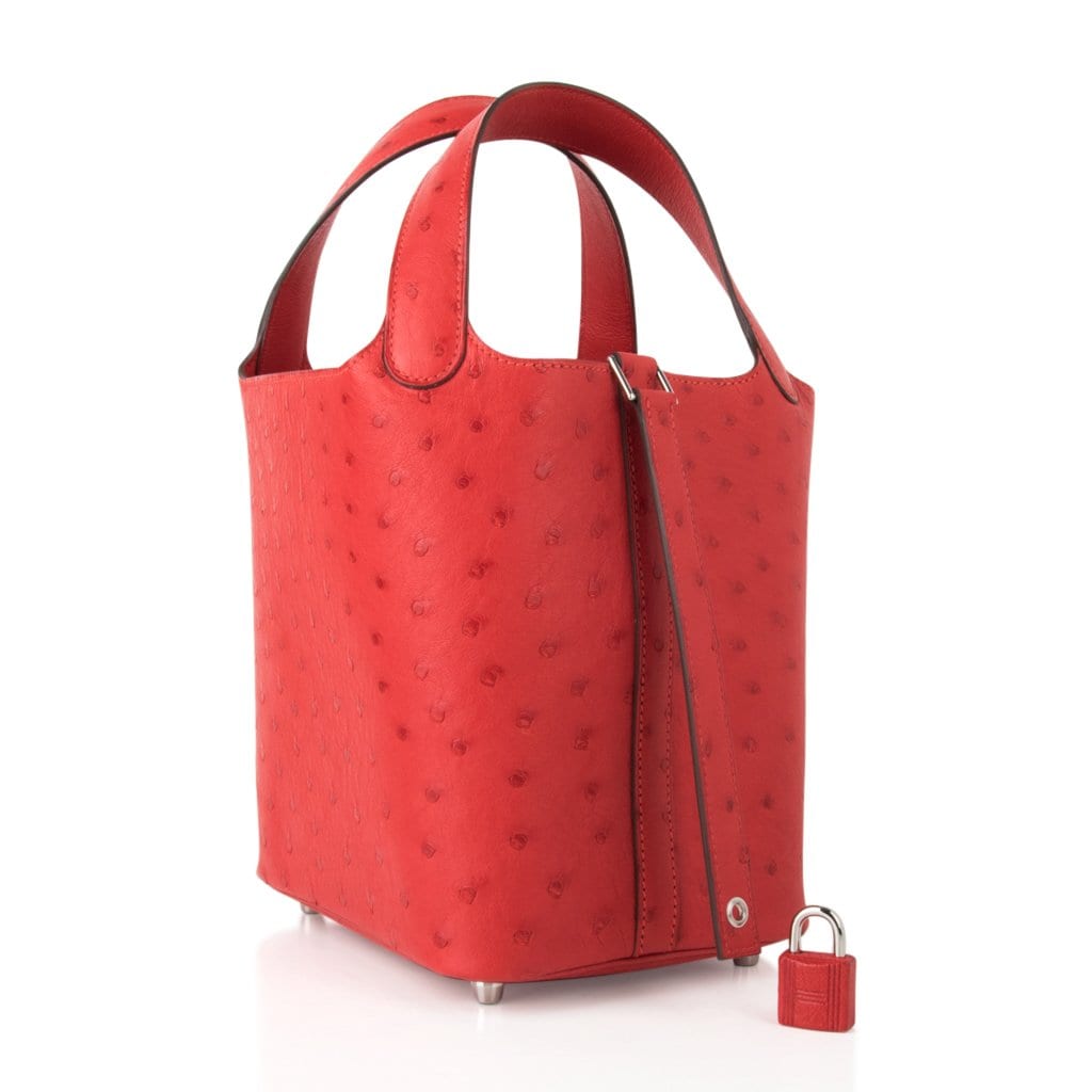 Picotin Lock 18 Bag Rouge Exotique Ostrich Tote Palladium Hardware nwt