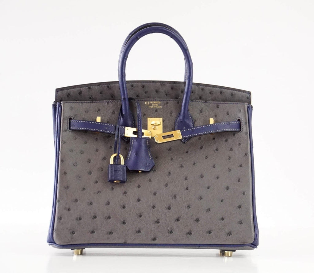 Birkin 25 Bag HSS Ostrich Gris Agate/Blue Sapphire Brushed Gold