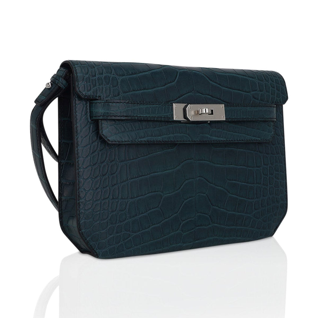 Kelly Depeches 25 Pouch Vert Rousseau Matte Alligator Palladium Hardware