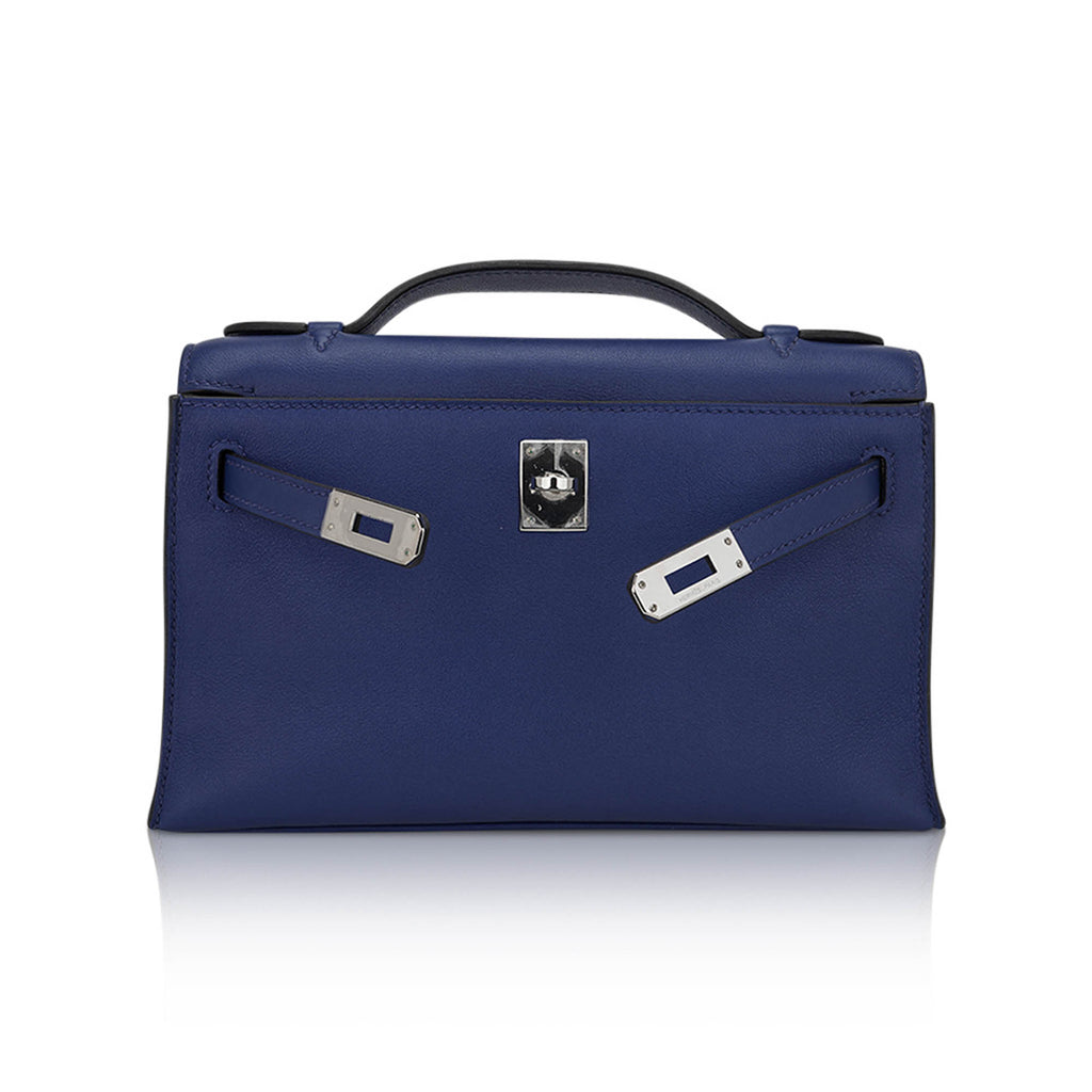 Kelly Pochette Clutch Bag Blue Sapphire Swift Leather with Palladium Hardware