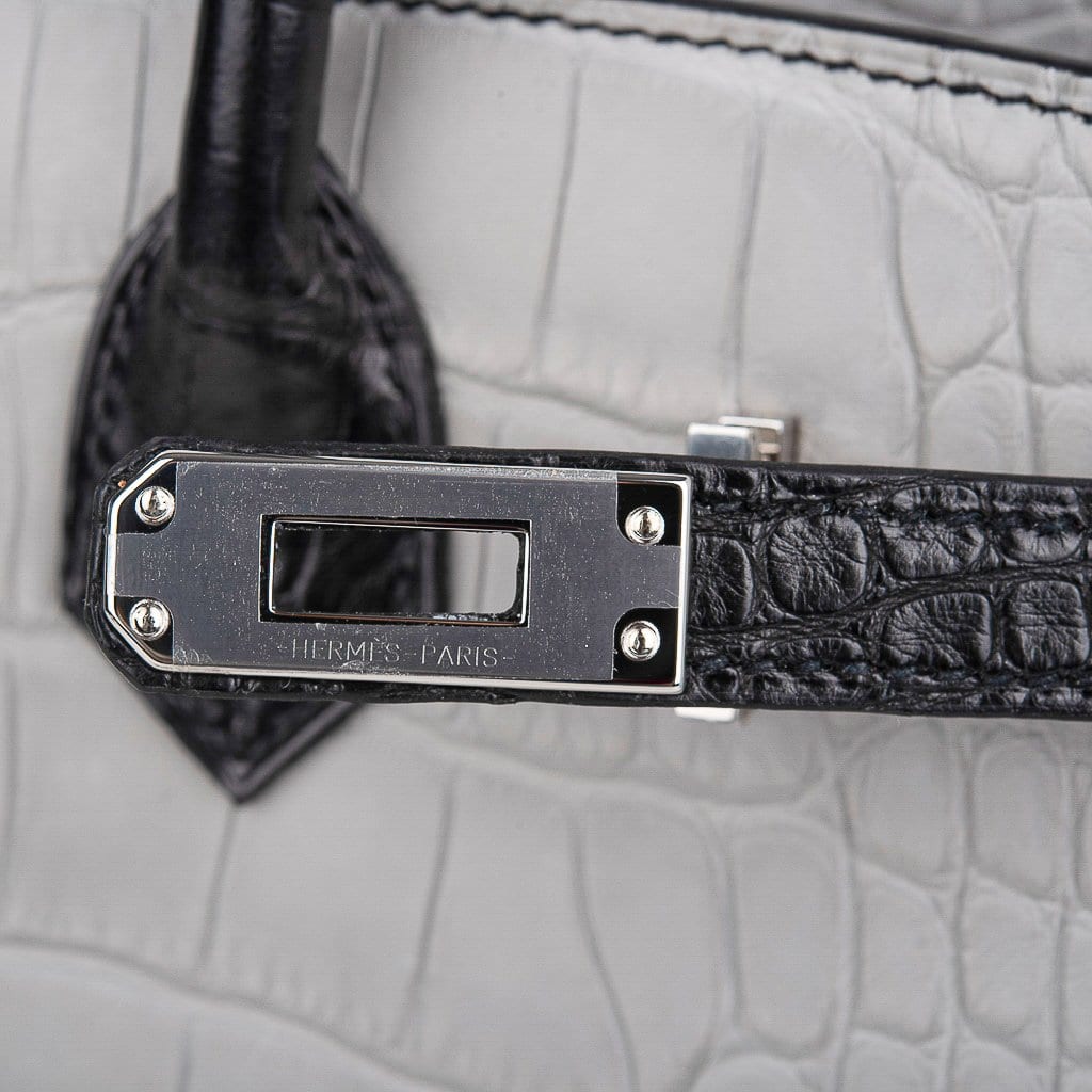 Birkin 25 HSS Bag Gris Perle / Black Matte Alligator Palladium Hardware