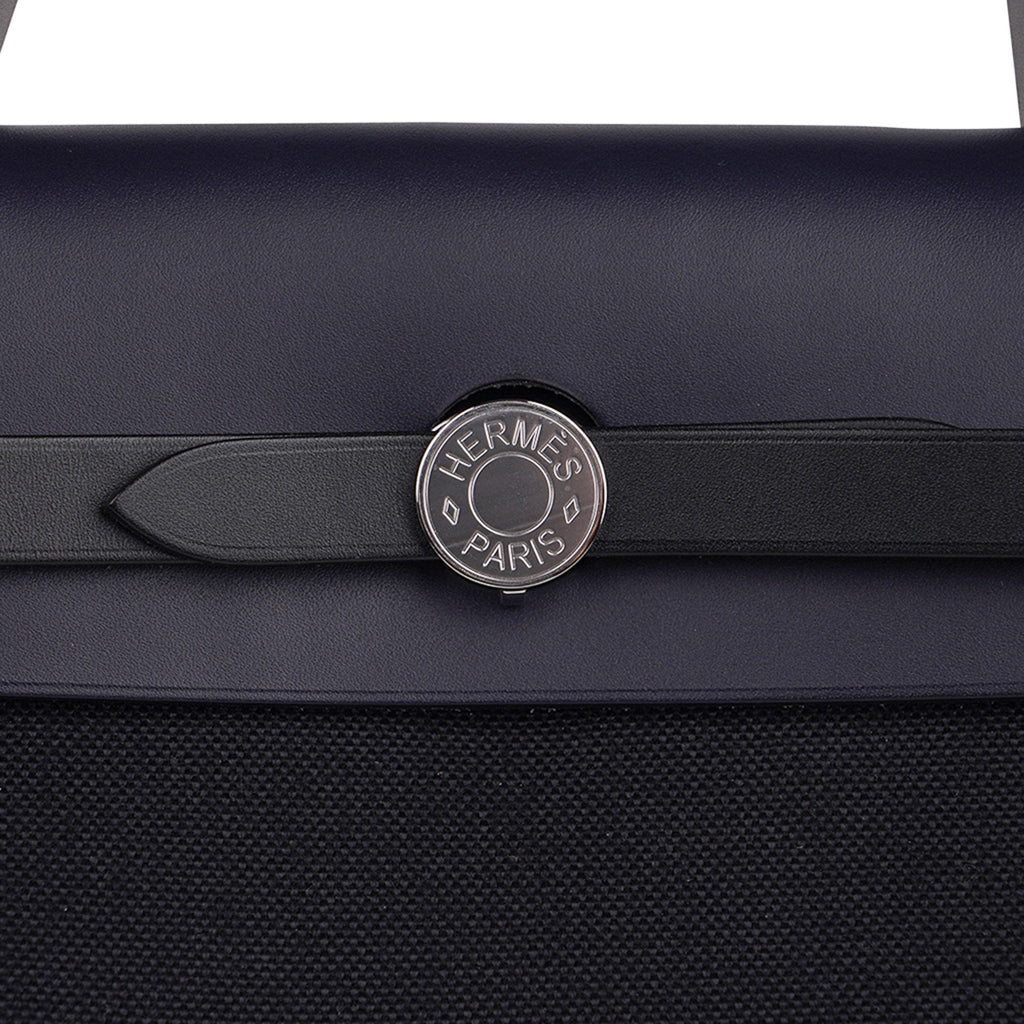 Herbag Zip 31 Bag Black Canvas & Blue Indigo Vache Hunter Leather with Palladium Hardware
