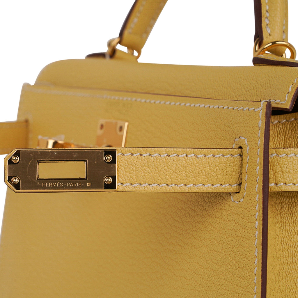 Mini Kelly 20 Sellier Jaune Foin Bag Chevre Gold