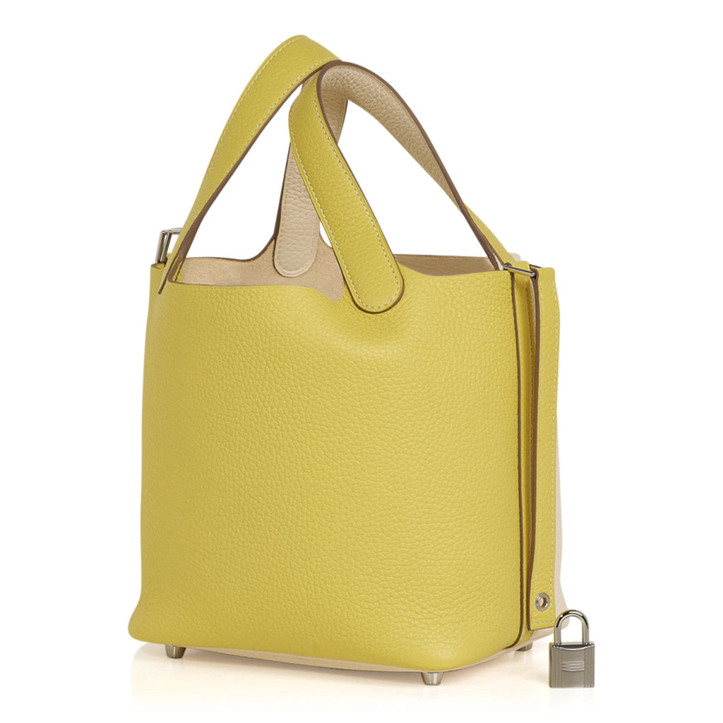 Picotin Lock 18 Casaque Bag Lime / Nata Bi-Color Tote Clemence Palladium