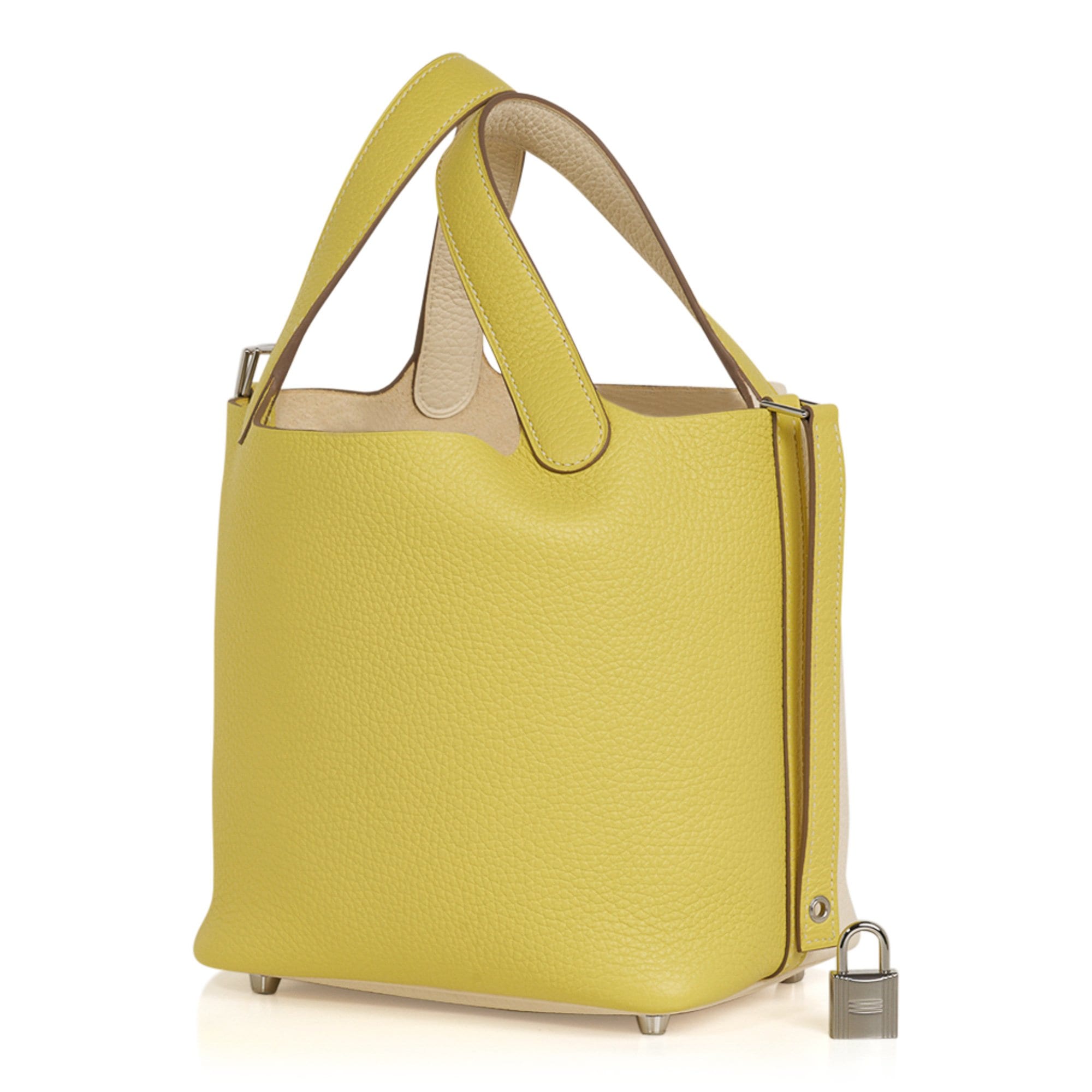 Picotin Lock 18 Casaque Bag Lime / Nata Bi-Color Tote Clemence Palladium