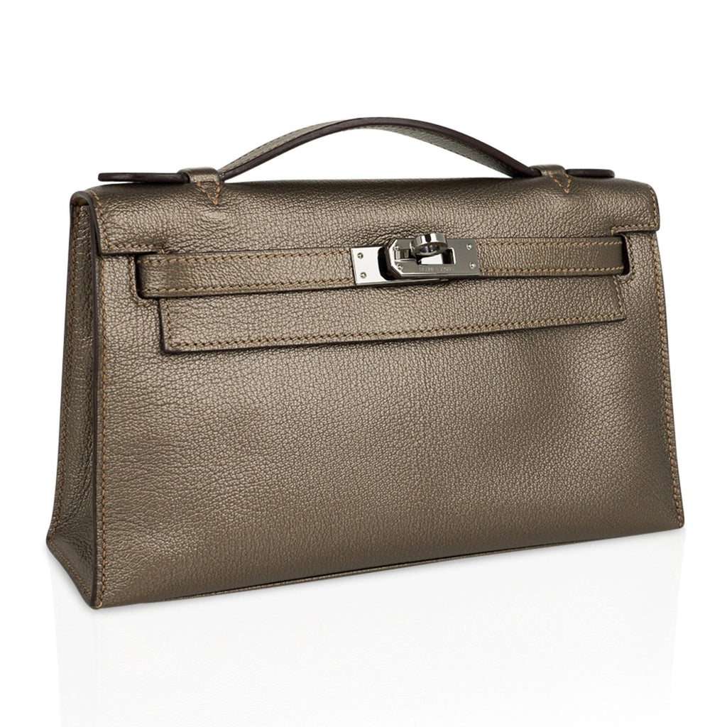Kelly Pochette Metallic Bronze Clutch Bag Chevre Palladium