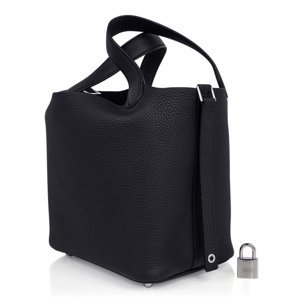 Picotin Lock 18 Bag Black Clemence Tote Palladium New