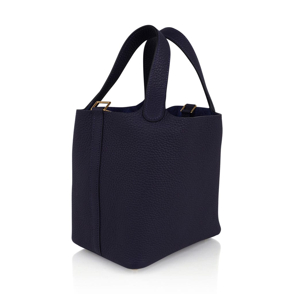 Picotin Lock 18 Blue Nuit Tote Bag Gold Hardware Clemence Leather