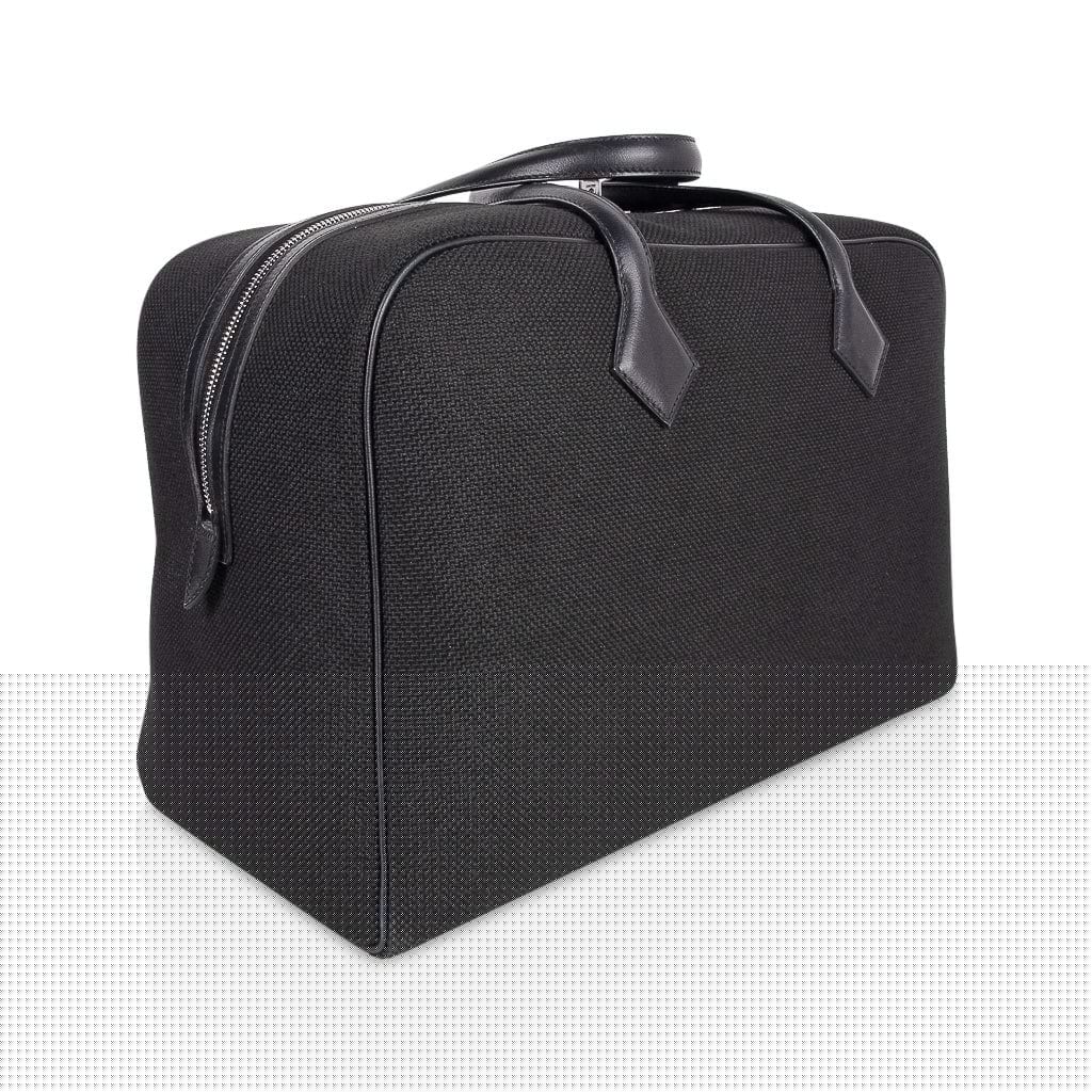 Hermes Victoria ll Fourre-Tout 43 Travel Bag Black Toile Palladium Hardware New