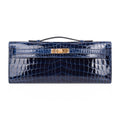 Kelly Cut Blue Sapphire Crocodile Clutch Bag Gold Hardware